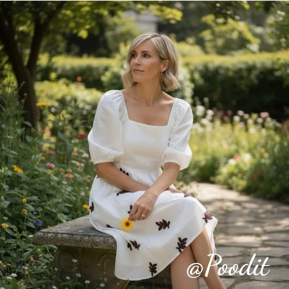 POLAGRAM chenille brown accents linen dress S M L - Picture 3 of 5